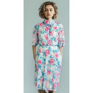 Vintage Floral Plisse Dress Balloon Half Sleeve Ruffle Slip White Size Small